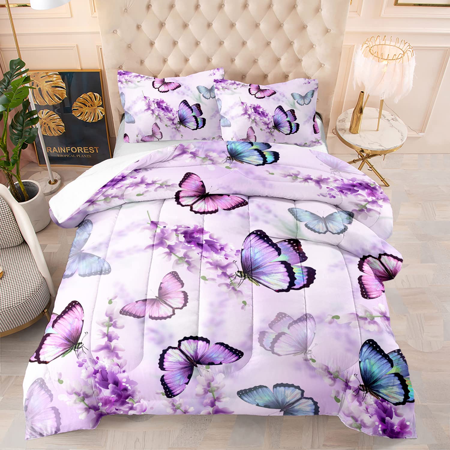 Xynhml Lavender Butterfly Comforter Set For Girl Kid Adult Colorful Butterfly Pattern Bedding Set Aesthetics Butterflies Quilt B